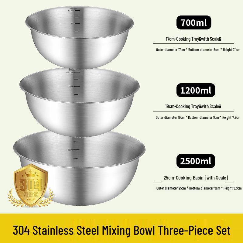304 Stainless Steel Multi-purpose Bowl with Measuring Scale - Ideal for Beating, Baking, Kneading, Cooking, and Salads.