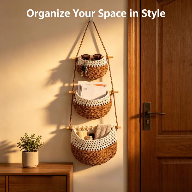 Wall Hanging Basket Cotton Rope Organizer 3 Tier Storage Bag Hand Woven Sundry Storage Door Hanging Rack Home Bedroom Decor
