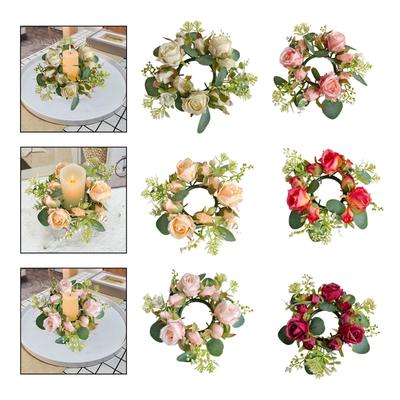 Candle Ring Candleholder Decoration Ornament Artificial Flowers Wreath Candlestick Holder for Tabletop Wedding Front Door