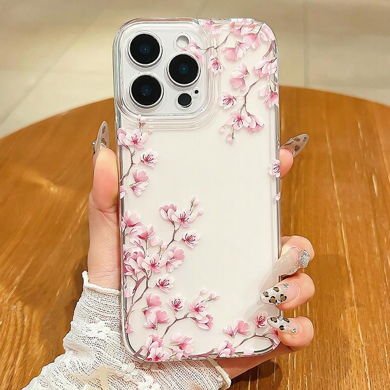 Super beautiful pink peach blossom for iPhone16promax mobile phone case Apple 14/13 transparent 15 all-inclusive XS soft