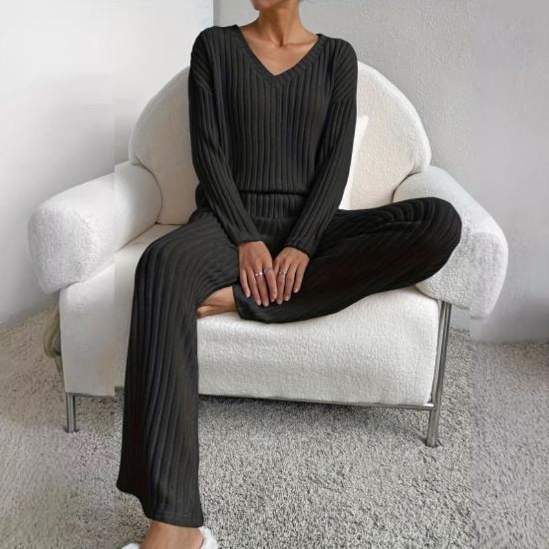 New Autumn Winter Women Two Piece Loungewear Set, Elegant Loose V-Neck Casual Outfit With Straight Leg Pants