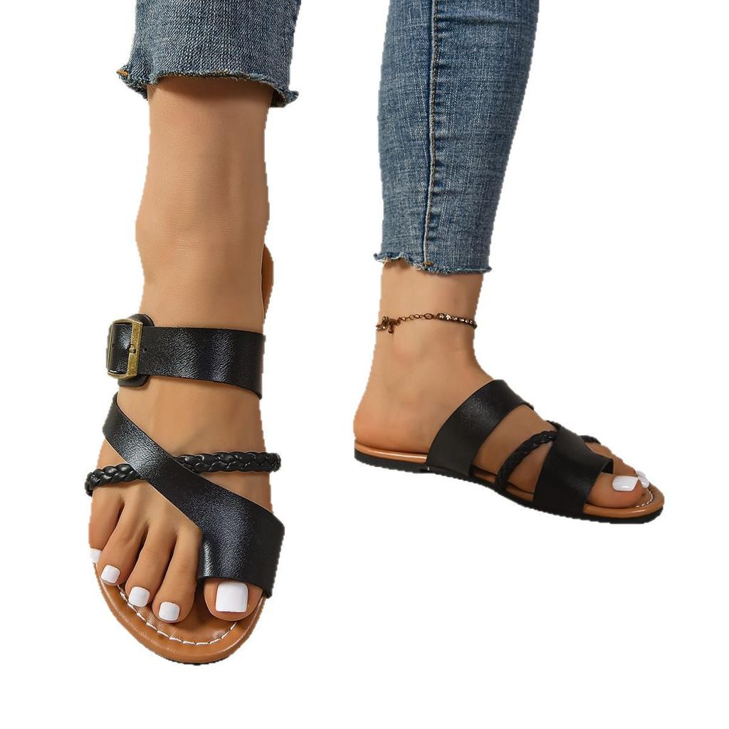 Neue Damenschuhe in Übergröße Zehenschutz Mode Flacher Absatz Lässige Damen Pantoletten