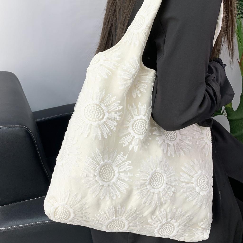 Korean Embroidered Floral Canvas Tote Bag Women's Single Shoulder Bag Casual Floral Printed Canvas Handbag Shopping Bag