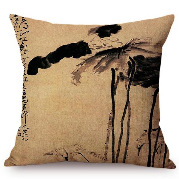Chinese Style Vintage Ink Painting Lotus Pattern Throw Pillow Cover Classical Luxury Cushion Cover Sofa Decoration Pillowcase