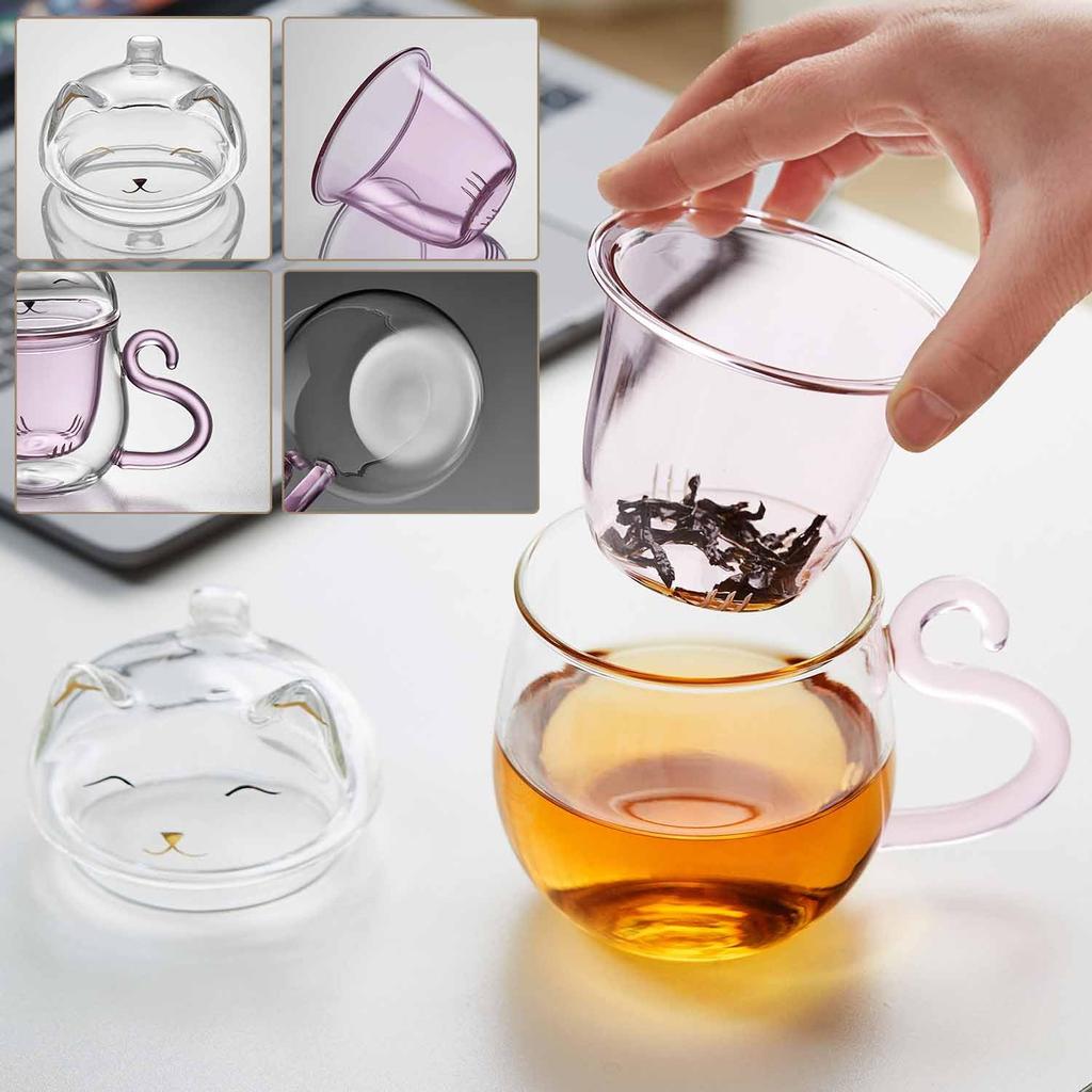 Pokaro Tea Glass Tea Cute Mysterious Cat Dishwasher and Microwave Perfect for Tea and with Handle Perfect for and 486ml Full Capacity Heat-Resistant