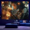 1pc Cyberpunk Girl Tapestry Wall Hanging  Futuristic Neon Art Soft Peach Light Beige Fabric Horizontal Wall Decor for Bedroom