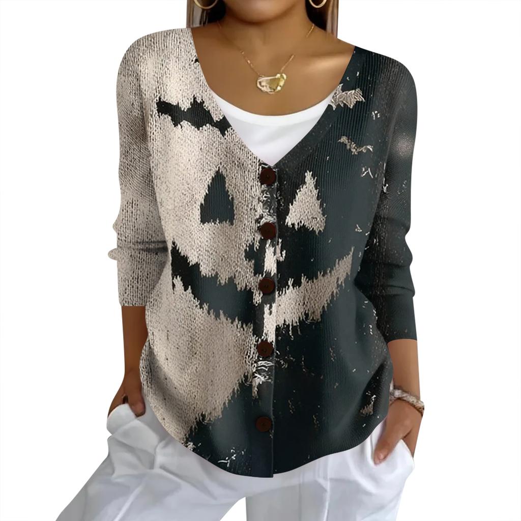 Women's Fashion Casual Knit Sweater Button-Up Halloween Printed  Cardigan Jacket