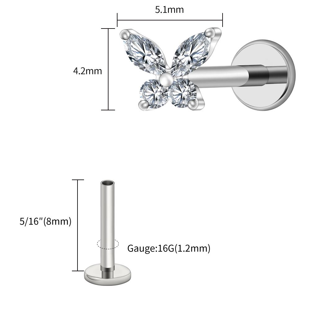 Right Grand ASTM F136 Titanium 16G Mini Butterfly CZ Labret Tragus Cartilage Conch Forward Helix Stud Nose Piercing Body Jewelry