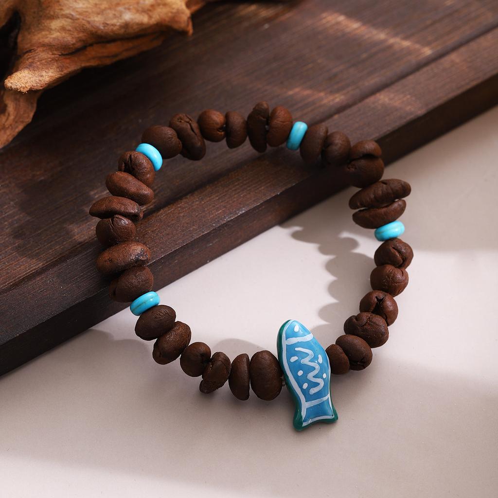 Coffee Bean Beaded Blue Fish Bracelet, Zen Creative Design Sense, Personalized Temperament Bracelet.
