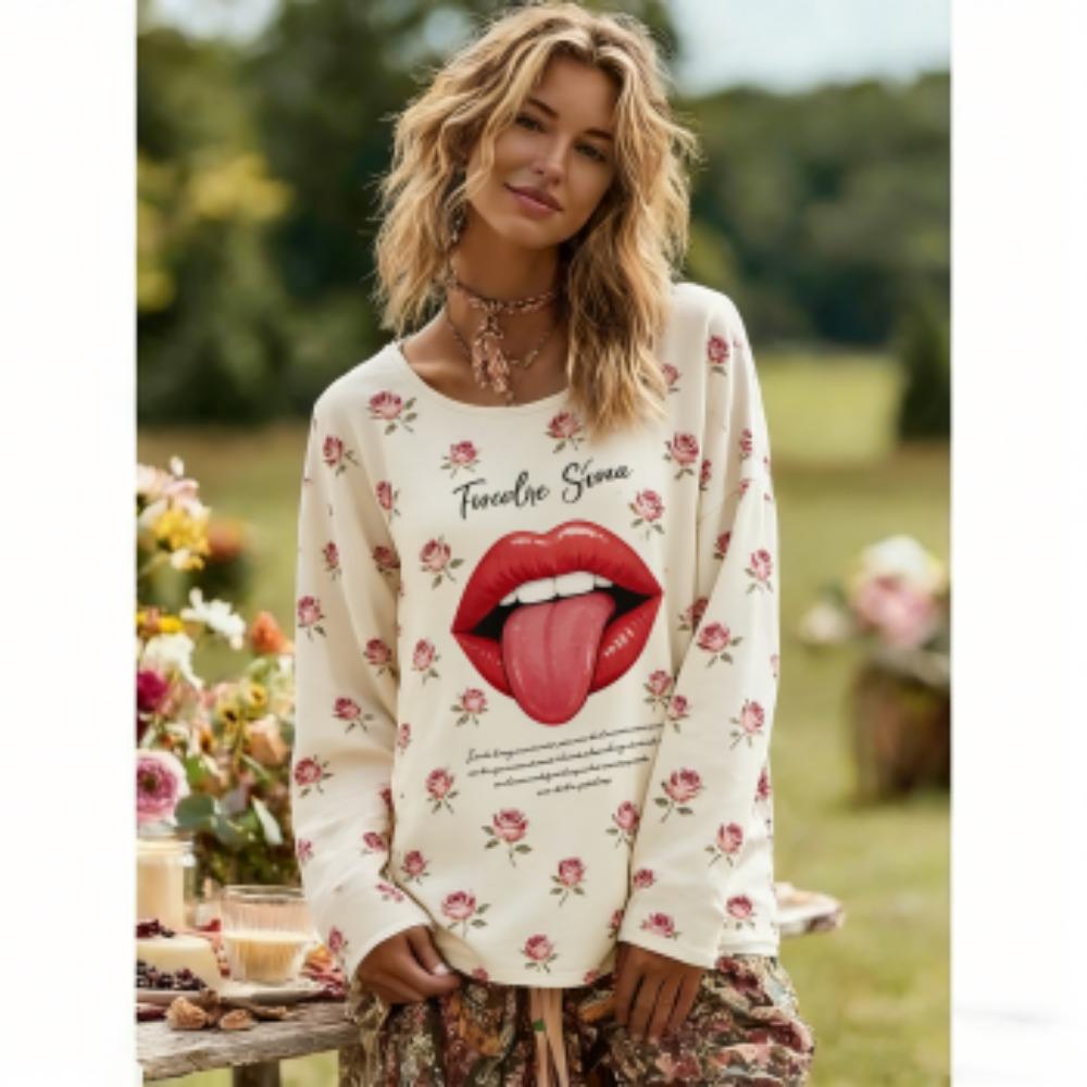 

Europe America Style Flower Lips Print Fashion Women s T-shirt Pullover Women Long Sleeve Clothing Outdoor Casual Tees Top S