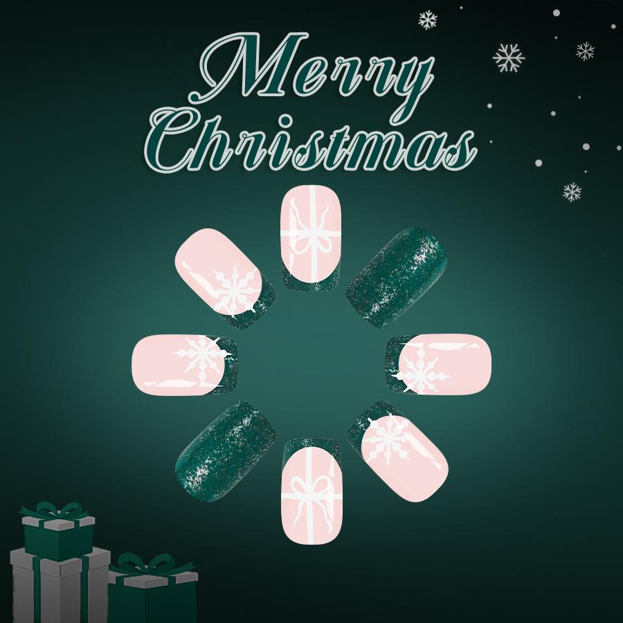 24Pcs Christmas Green French Tip Glitter Press On Nails Short Square Coffin Xmas Gift for Women 2026 Holiday Party Nail Art