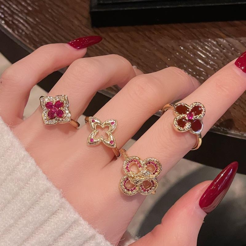 Medieval Serpentine Four-Leaf Clover Oil Drop Open Ring Niche Design Personalized Exquisite Zircon Light Luxury Accessories