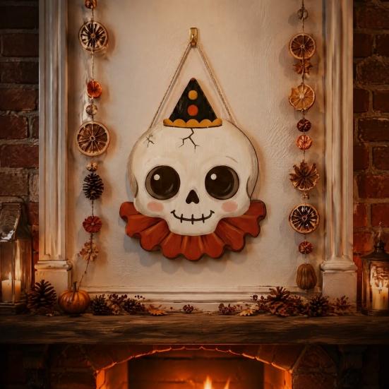 Rustic Wood Skull Decor Halloween Wooden Hanging Pendant with Lanyard, Retro Ghost/Pumpkin/Skull/Black Cat Holiday Yard Accents Decorations for Front