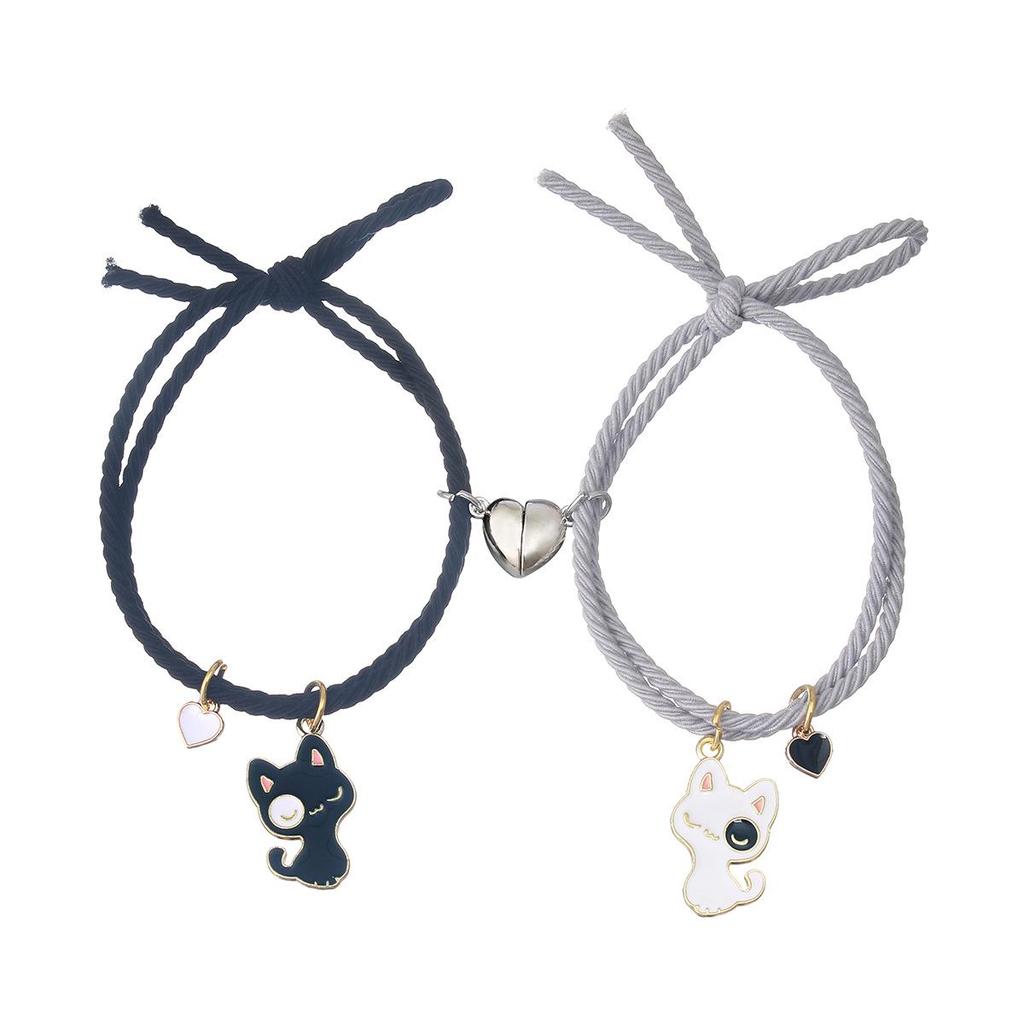 Magnet Iubire Pisică Albă și Neagră Desen Animat, Brățară de Cuplu și Elastic de Păr, Bijuterii Unisex cu Dublă Funcție
