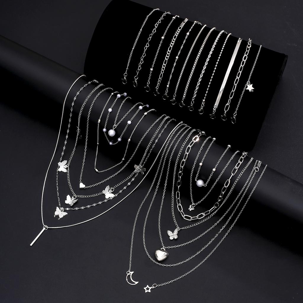25pcs Vintage Simple Jewelry Set for Women Fashion Layered Pearl Butterfly Heart Pendant Charms Necklace Bracelet Set Gifts 2026