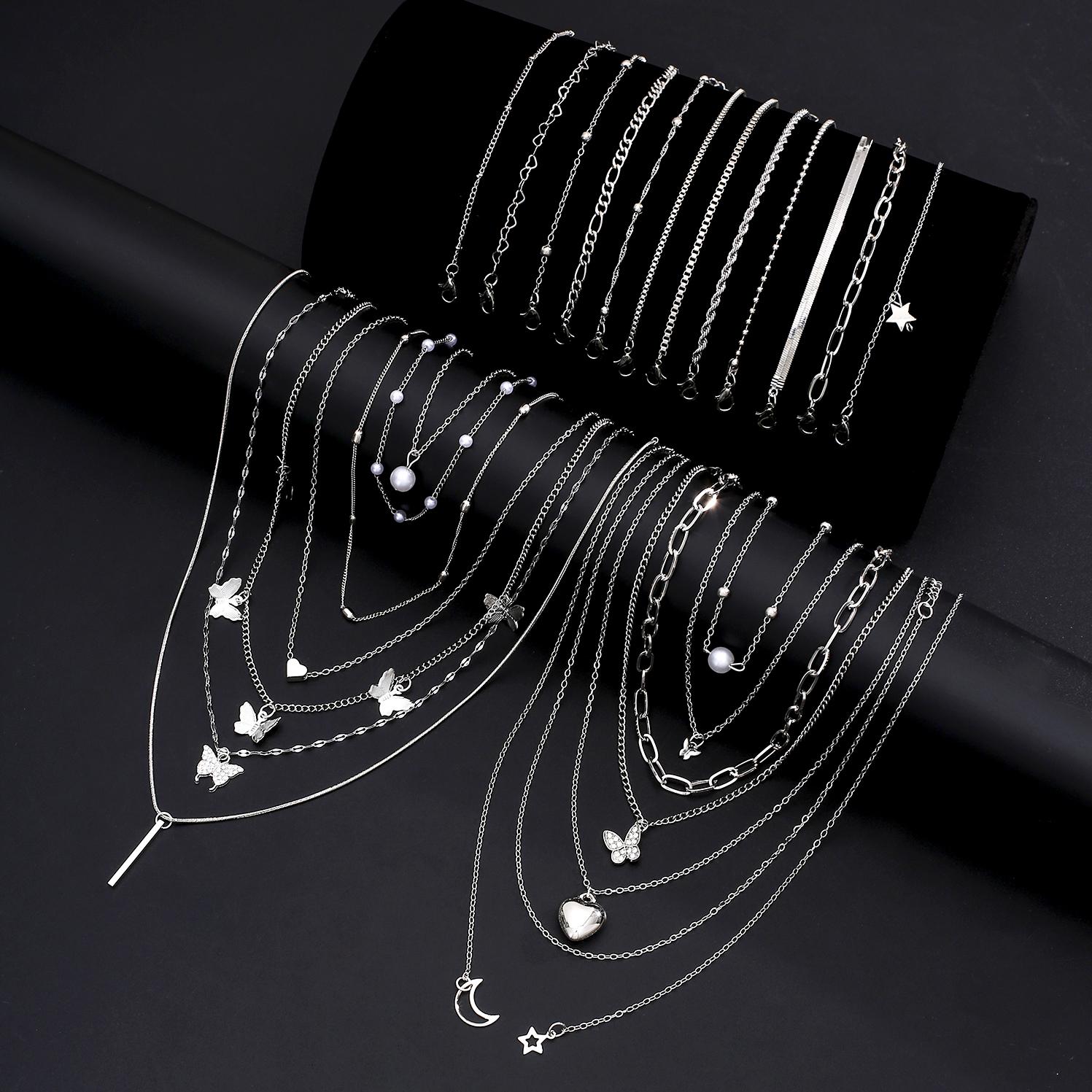 

25pcs Vintage Simple Jewelry Set for Women Fashion Layered Pearl Butterfly Heart Pendant Charms Necklace Bracelet Set Gifts 2026