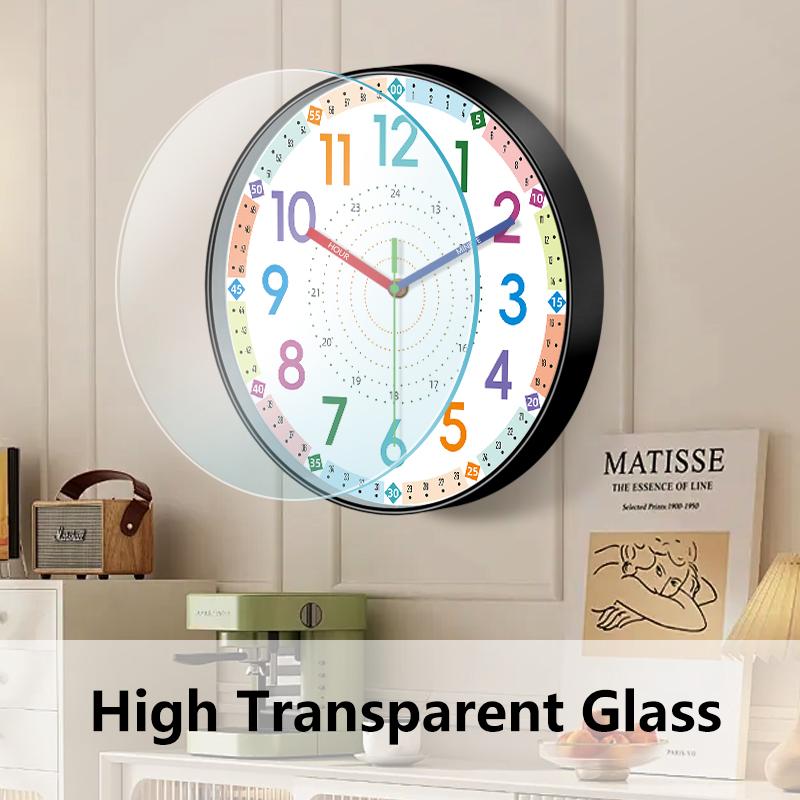 Kids Educational Wall Clock Color 12/24H Dial Non-Ticking Quartz Movement Wall Decor for School Classroom Kids Bedroom Playroom