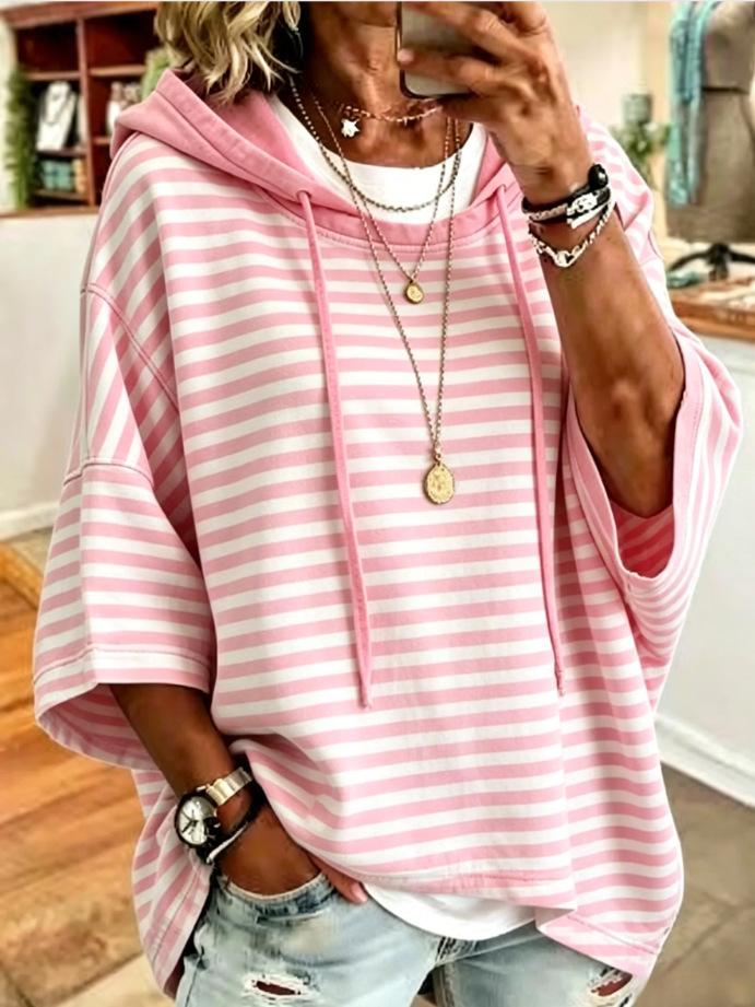 Women Striped Hooded Short Sleeve Oversized T Shirt Casual Loose Color Block Tee S