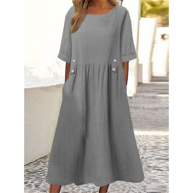 

round Neck Mid Sleeve Solid Color Dress round Neck Shirt with Half Sleeve Pure Color Dress Gray M