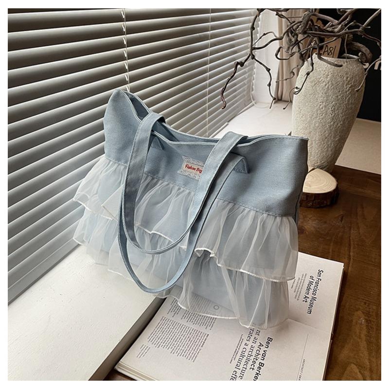 Denim bag women's large-capacity new summer versatile lace pleated shoulder bag student tote bag