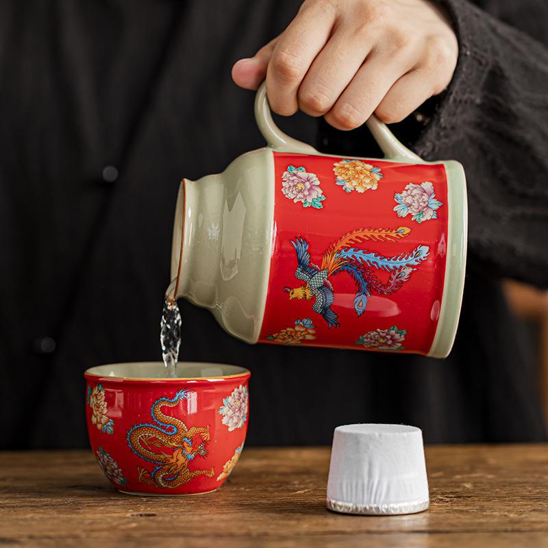 Ru Kiln Large Flower Ceramic Mug Large Capacity Small Warm Pot Home with Cover Chinese Retro Office Water Cup Tea Cup Teapot Gif