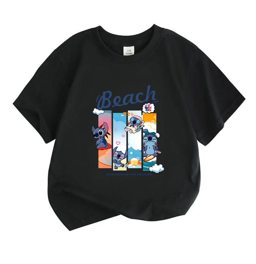 Kids Boys Girls Crew Neck Short Sleeve 100% Cotton T-Shirt, Cute Blue Alien Beach Surf Print Casual Soft Breathable Tee for Daily Summer Holiday Wear