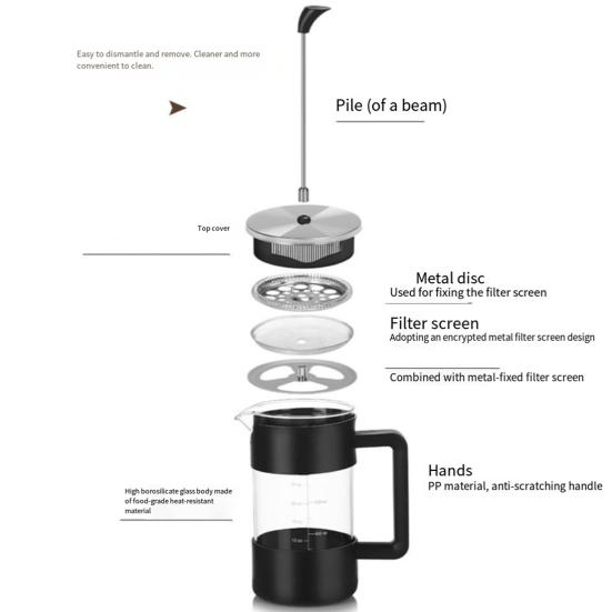 1000ml French Press Coffee Maker 34oz Heat-Resistant Borosilicate Glass No-Drip Spout Advanced Filtration System
