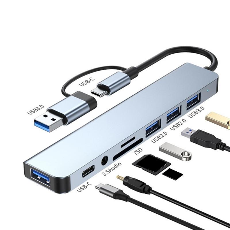 8 In 1 USB C Hub with USB Port Small Card Reader Headphone Port and USB C Data Port Multiple Function Docking Station