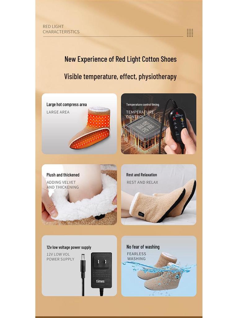 Red Light Therapy Heated Cotton Shoes: Winter Velvet, Thickened, Anti-Frost Foot Warmers.