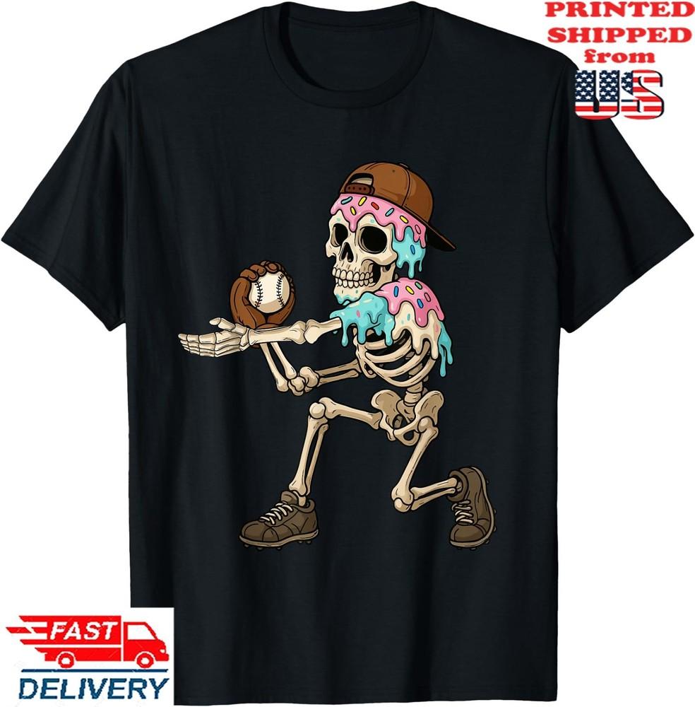 Funny Baseball Skeleton Ice Cream Drip Baseball Adult T-Shirt, Unisex Tee Unisex T-Shirt L