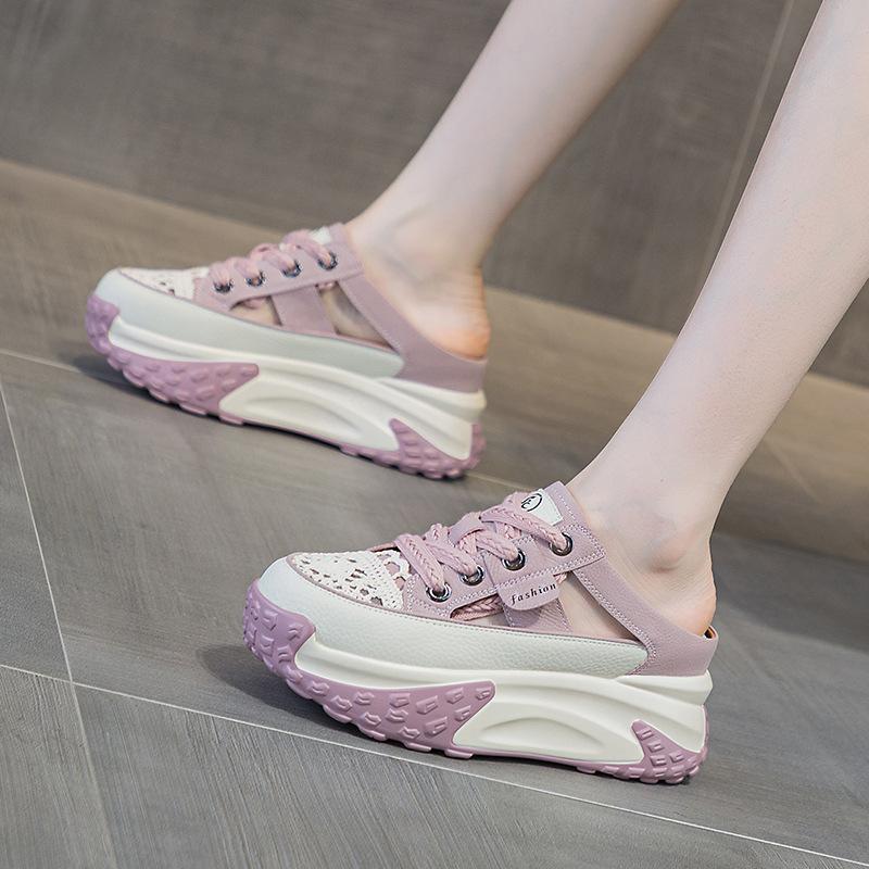 Fashion Designer Women Baotou Slippers Platform Mules Shoes Trend Lace-up Breathable Wedges Half Slippers Outdoor Women's Casual Sandals