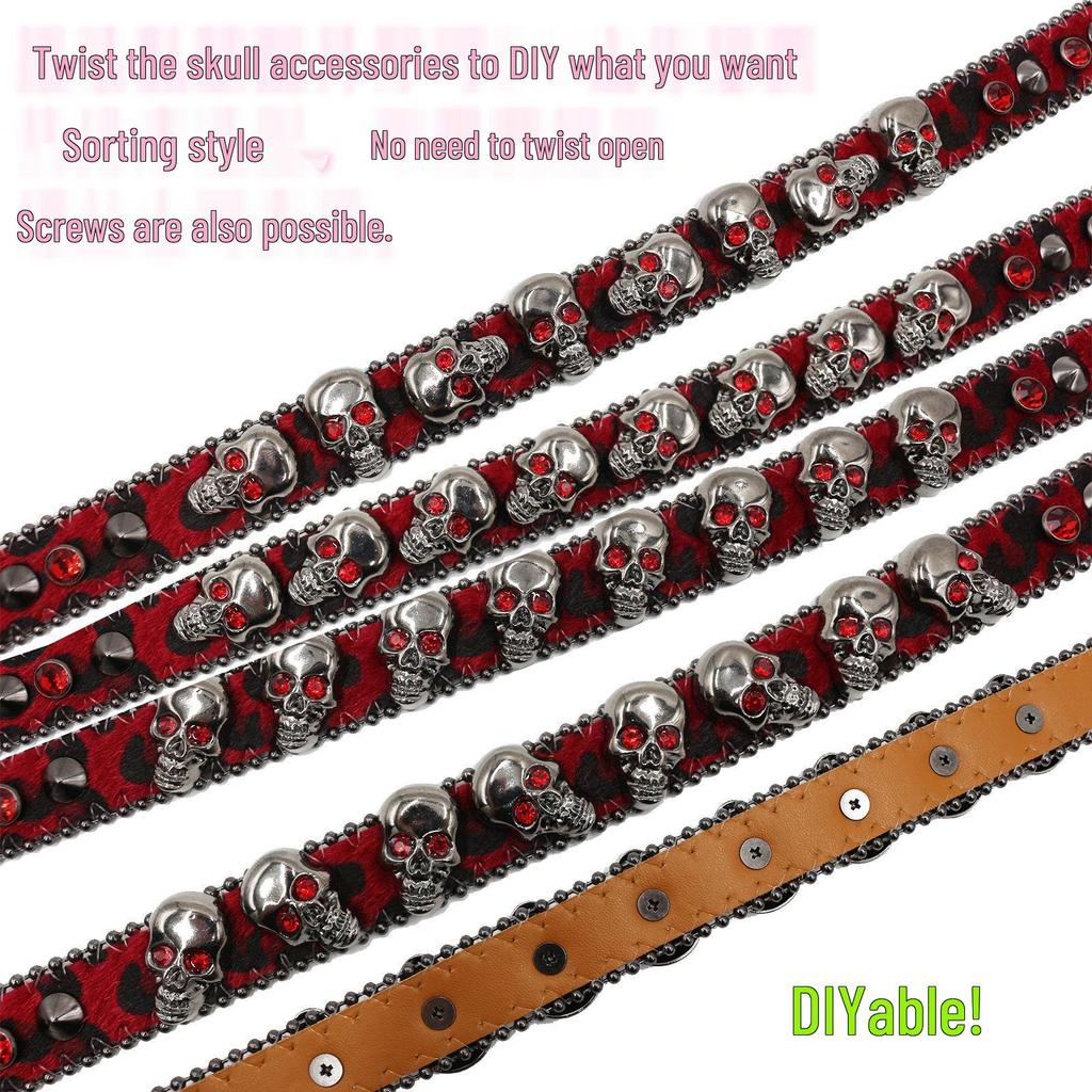 Leopard Print Women's Belt with Skull Design and Rhinestone Pin Buckle - Hip Hop Nightclub Style