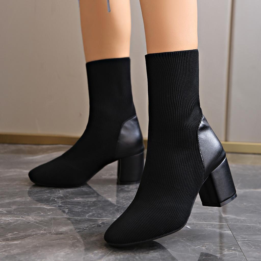 Short Boots Women's Autumn and Winter New Elastic Boots Retro Thick Heel Thin Boots High Heel Spring and Autumn Single Boots Martin Boots Women