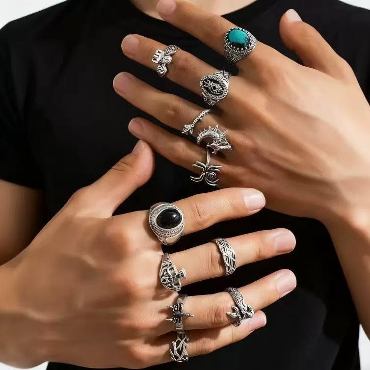 KunJoe Gothic Skull Claw Cross Ring Set for Men Vintage Silver Color Adjustable Open Rings Male Female Skeleton Spider Punk Jewelry Finger
