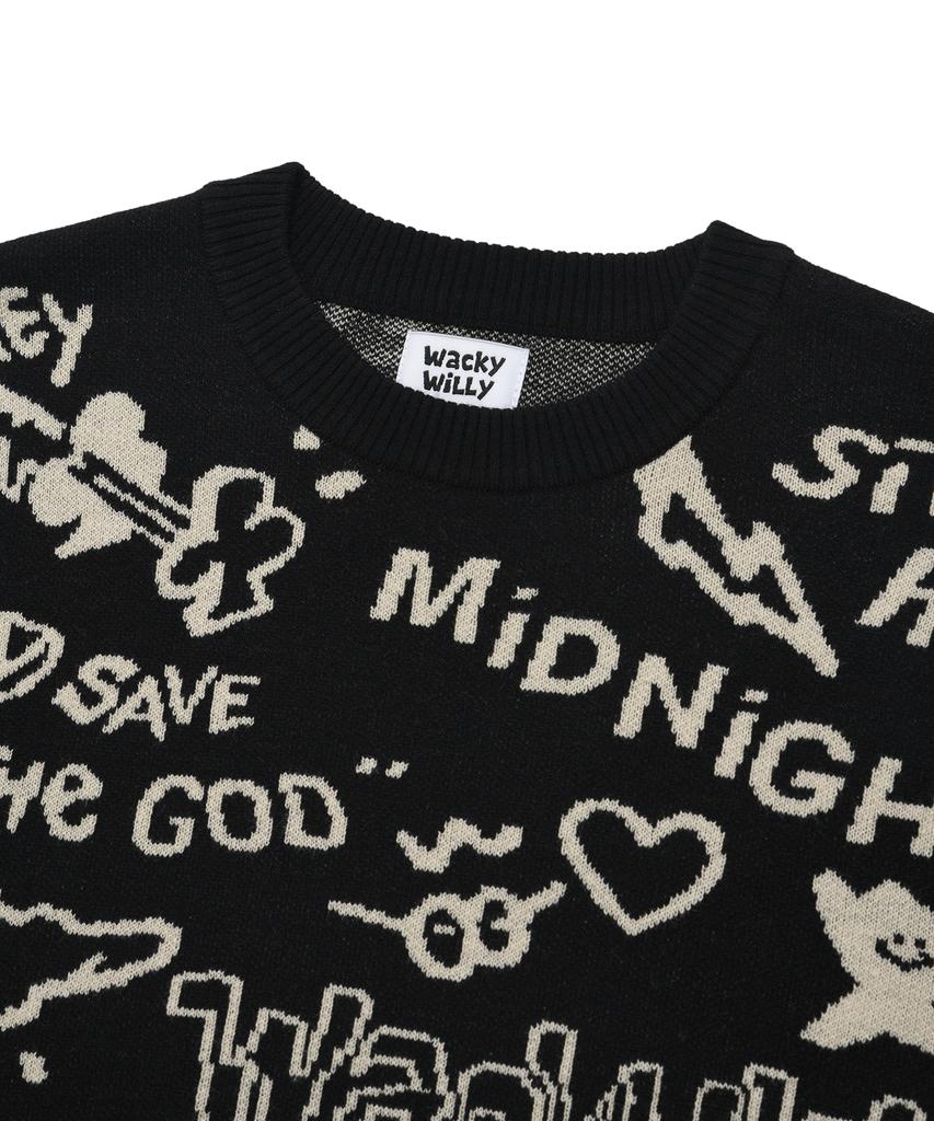 WACKY WILLY Graffiti Jacquard Pullover Black