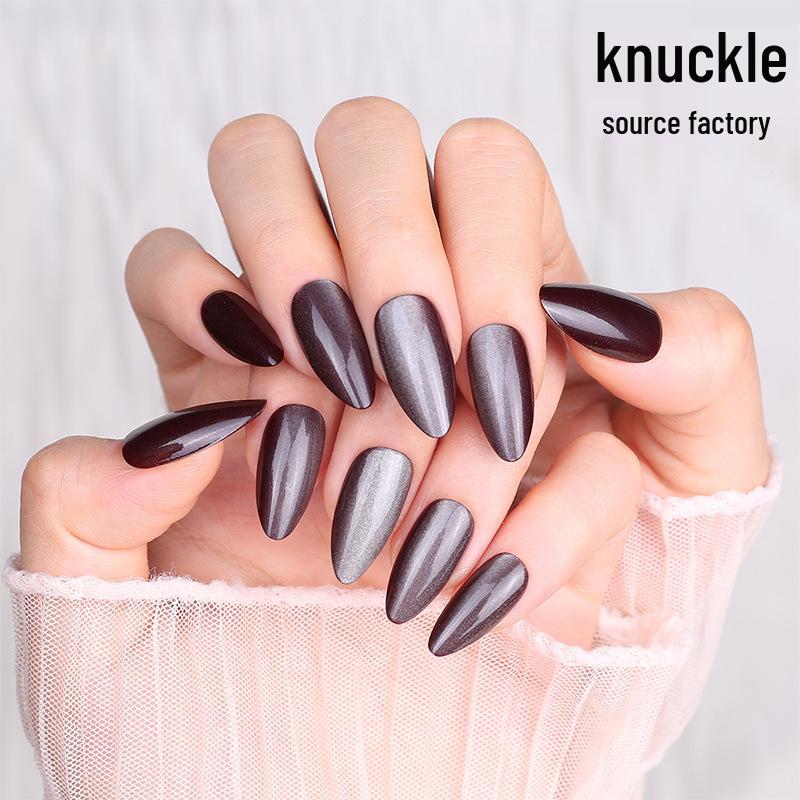 Dark Party Style Cat-Eye Almond Press-On Nails - Short Teardrop Shaped and Adhesive