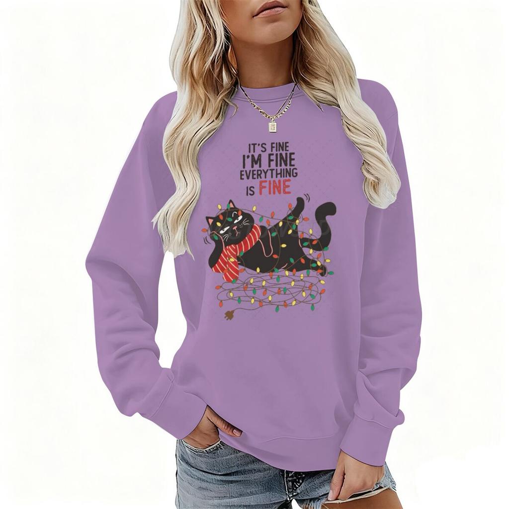 Weihnachtsgeschenke Outfits Oberteil Mir geht es gut Alles ist gut Grafikpullover Damen Fröhliche Weihnachten Katze Lichter Cartoon Sweatshirt