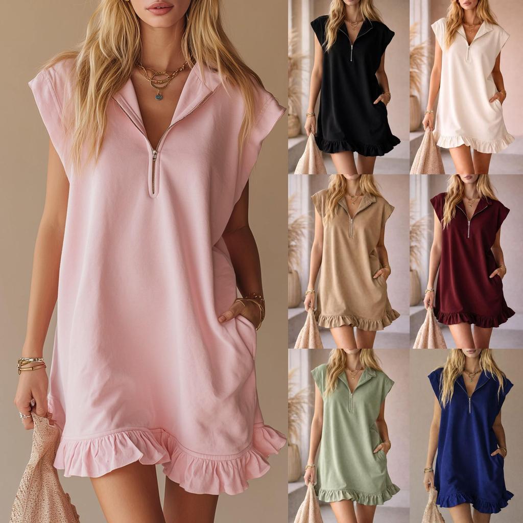 2026 Spring/Summer Women's Sleeveless Zipper V-Neck Ruffle A-Line Dress with Double Pockets