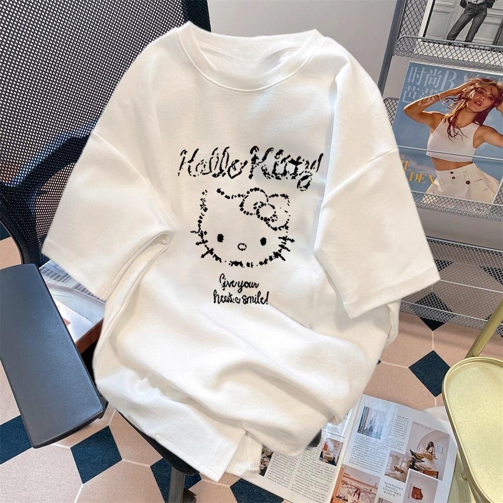 

2026 Summer Hello Kitty Give Your Heart A Smile Tshirt High Quality 100 Cotton Doodle Print Unisex Y2K Casual Tee S