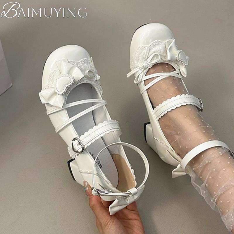 Fashion Bow Women Heeled Shoes New Fashion Summer Marie Janes Shoes Trend Sandals 2025 Brand Party Lolita Lace Woman Pumps Zapatillas
