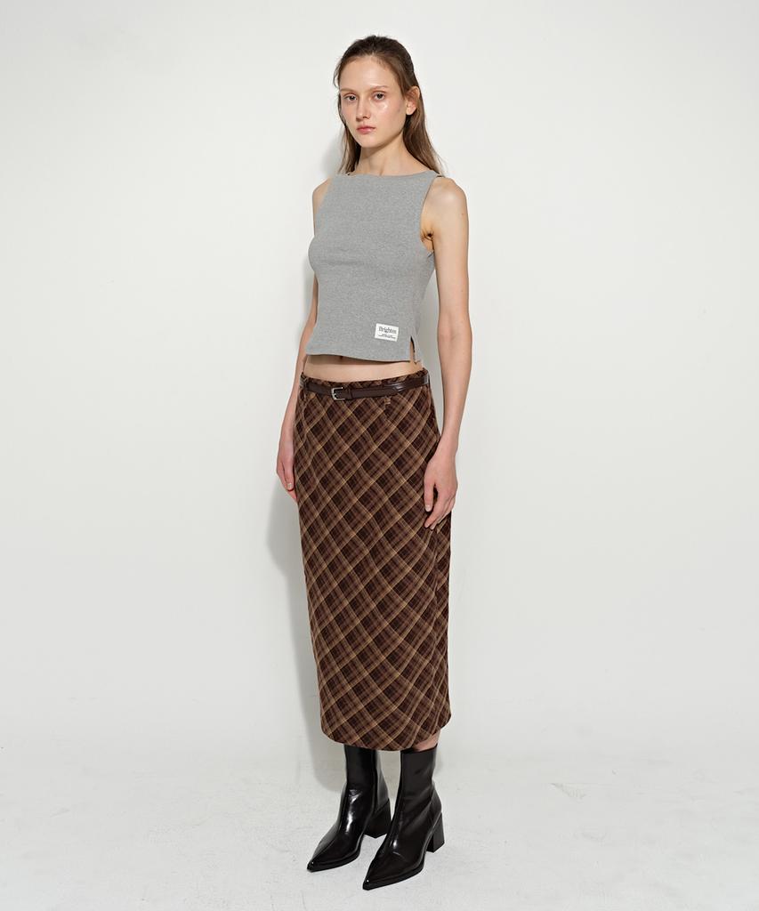 Beulaiteun Slit Check Long Skirt Brown