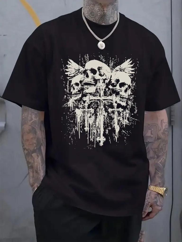 Summer Mens Tshirt 100 Cotton Skull and Wings Pattern Print Comfortable Short Sleeve American Trendy Fashion Style Loose