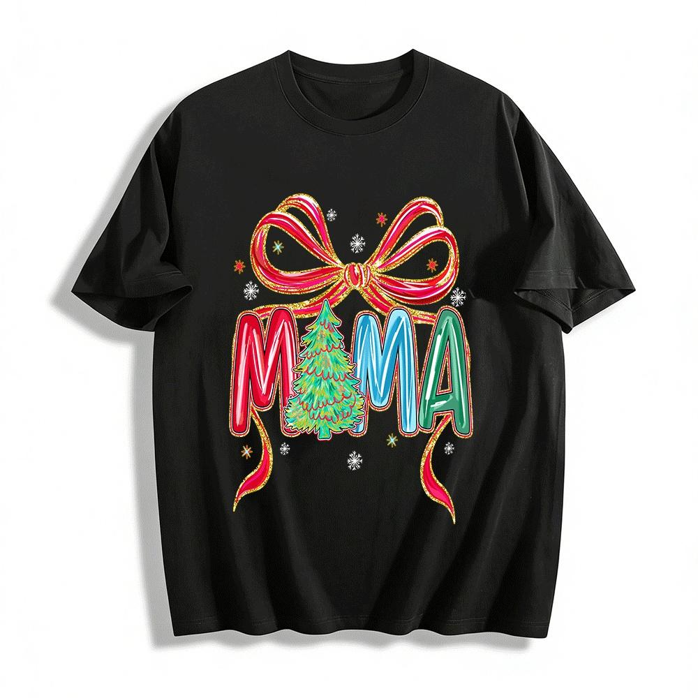 Christmas Themed Mama Letter Print Bow Decor Casual Top Pure cotton T-shirt XXS