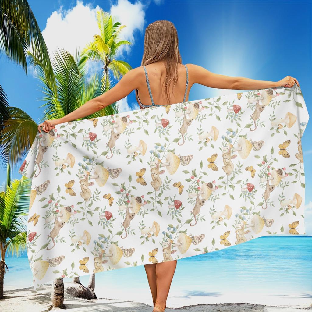 Large Quick-Dry Beach Towel Cartoon Flora and Fauna Pattern Beach Blanket Suitable for Travel Swimming Polyester Rectangular