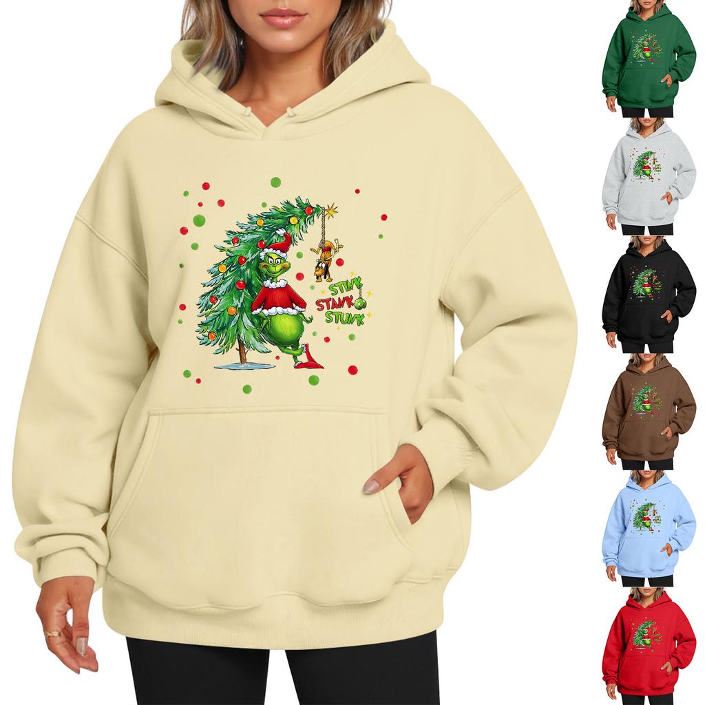 Ladies' Christmas Style Printed Hoodie With Wool And Pockets For Women