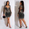 C6312 Fashion Women's Mesh Hot Drilling Solid Color Long Sleeve Short Skirt Dress