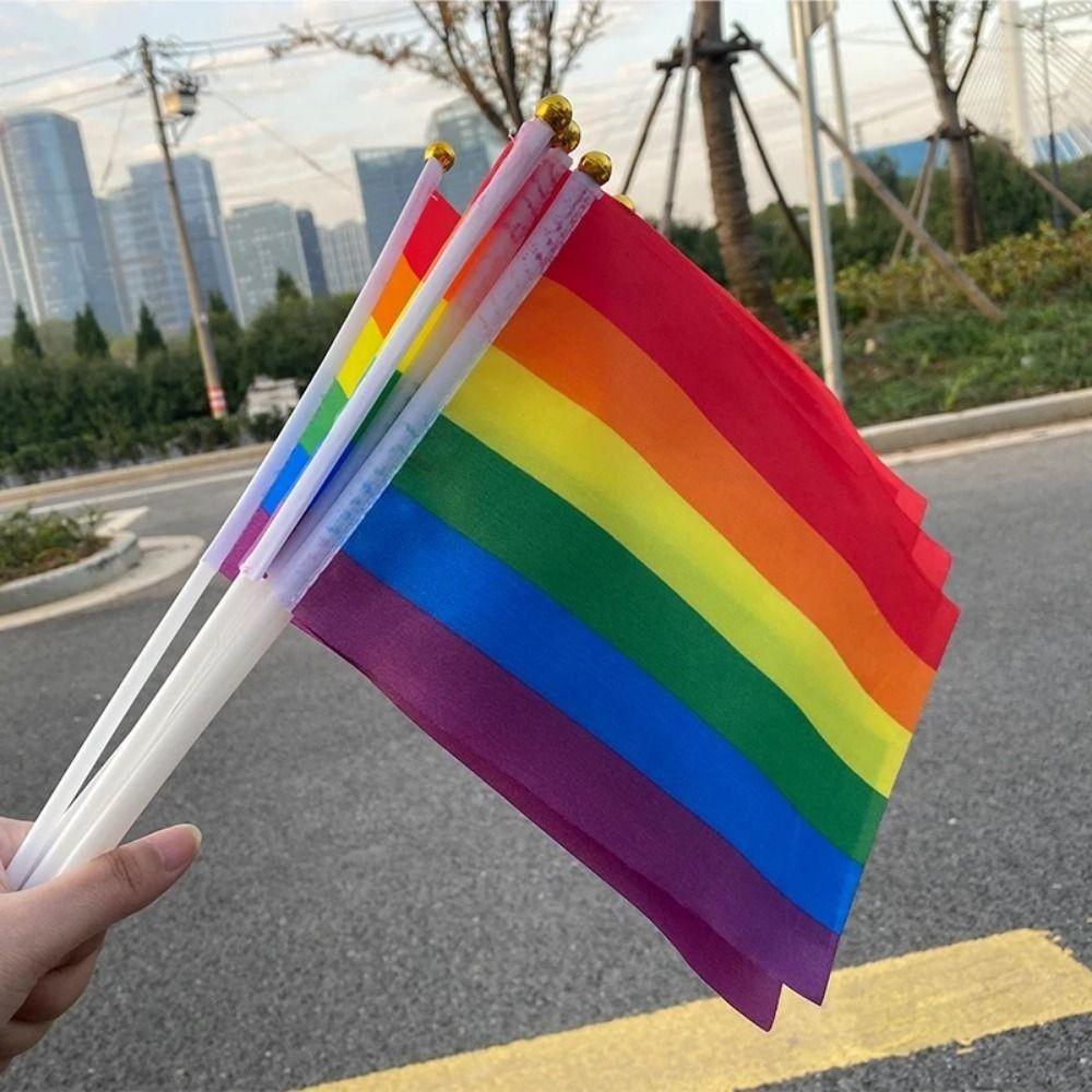 10Pcs LGBT Rainbow Flags Dacron HandHeld Flag Small Rainbow Hand Flag Party Decorations