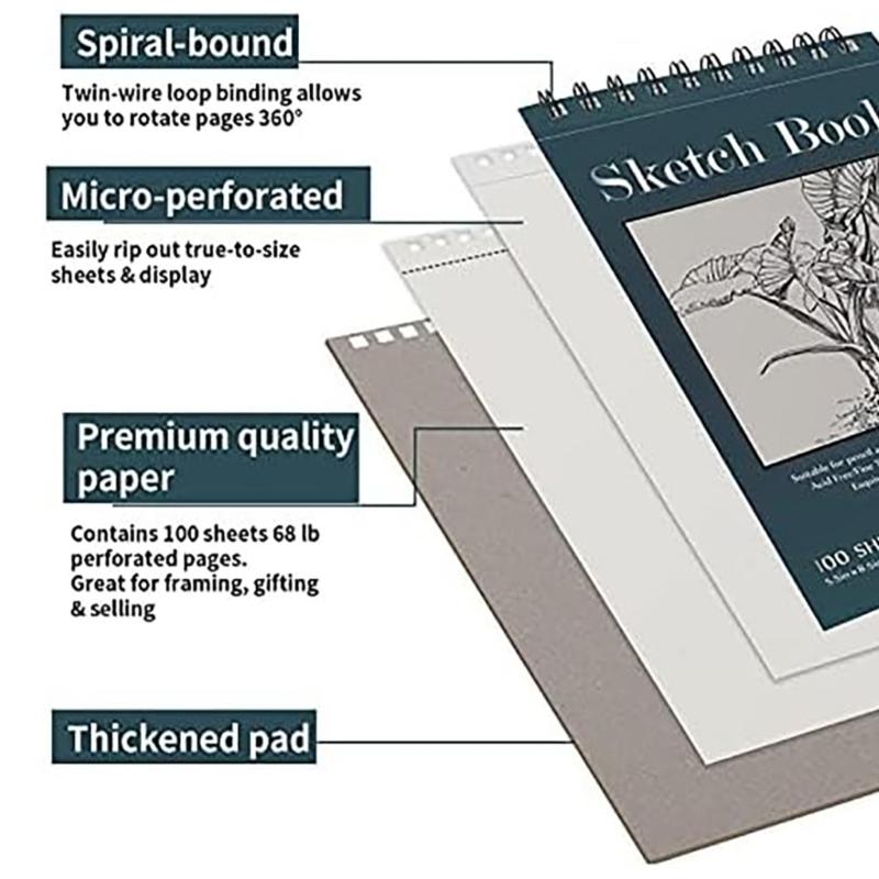 Cuaderno de dibujo de tapa dura, 100 hojas, papel de 68 lb/100 g/m², encuadernación de espiral doble, bloc de dibujo para artistas principiantes, bocetos y garabatos.