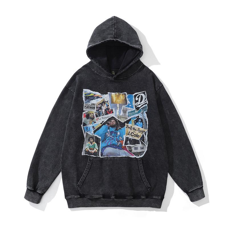 Autumn And Winter 430G Heavy Cotton Hooded Sweater American High Street Retro Skull Print Fried Color Hoodie Men