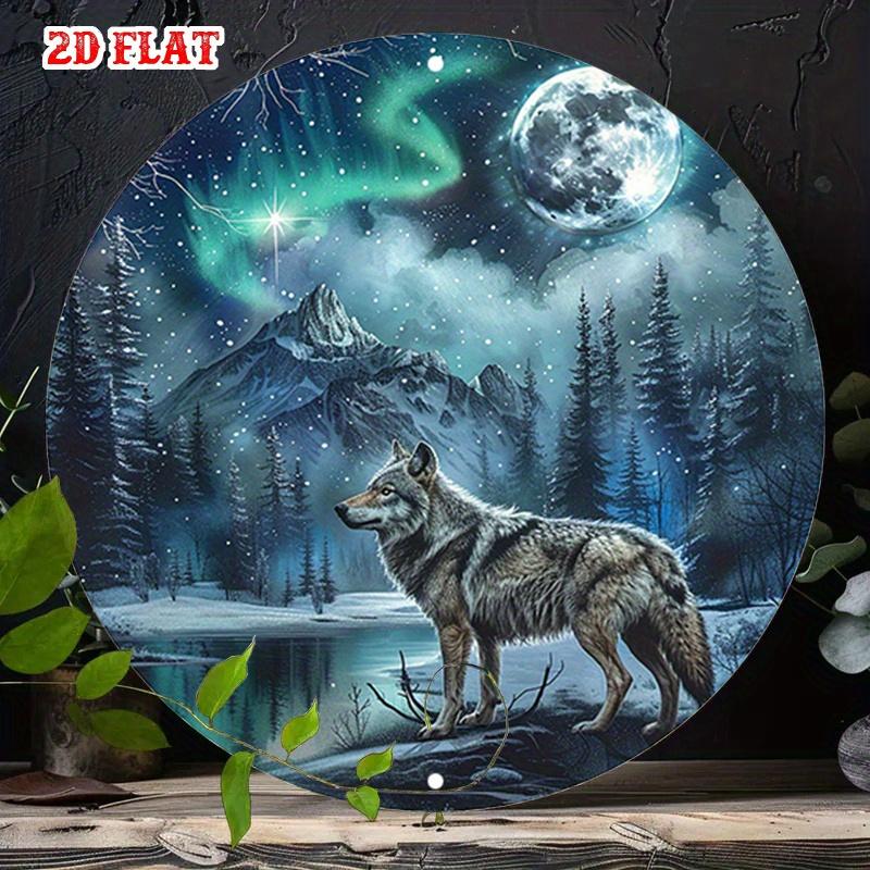 D Flat Wolf Aurora Moon Metal Sign Vintage Wildlife Forest Wall Art Retro Snow Mountain Tin Plaque Northern Lights Animal Po